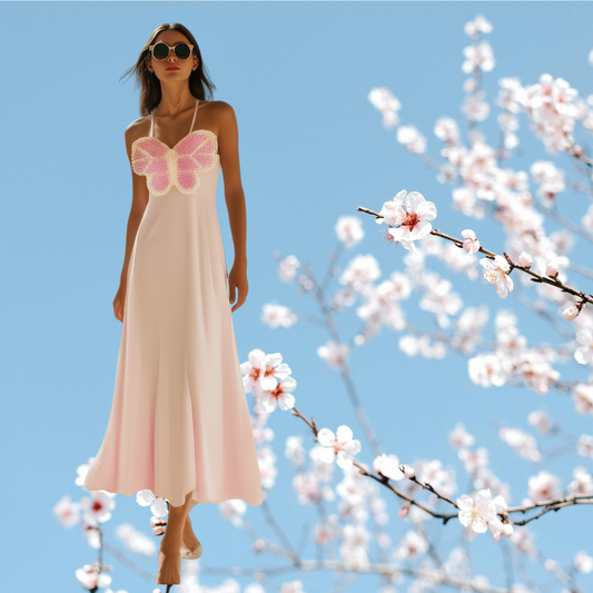 The Butterfly Embroidered Halter Pink Dress