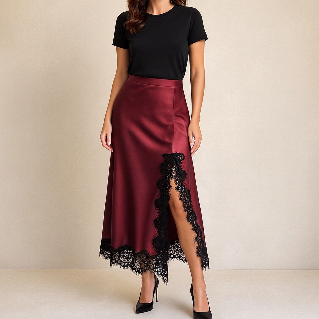 Satin open front Lace-Trim Midi Skirt