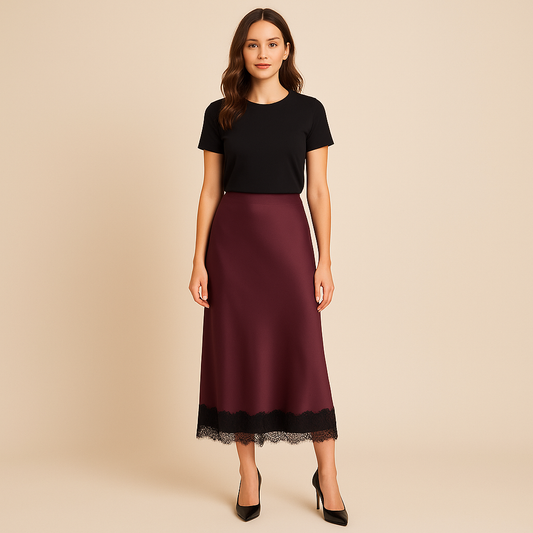 Burgundy Satin Lace-Trim Midi Skirt
