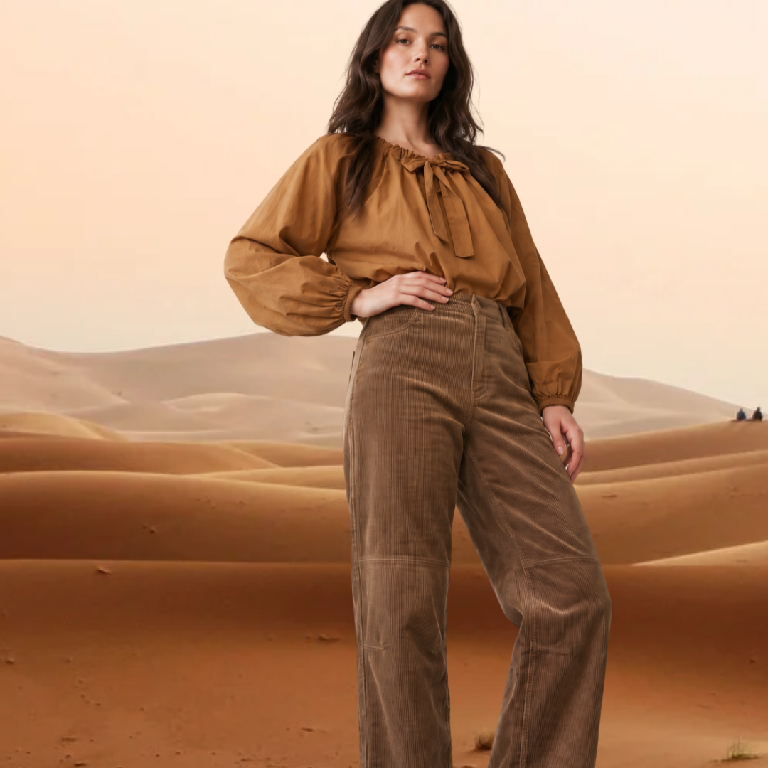 Woman wearing a kidding warm toffee-brown long-sleeve blouse with a gathered tie-neck and voluminous blouson sleeves, tucked into high-rise corduroy trousers.