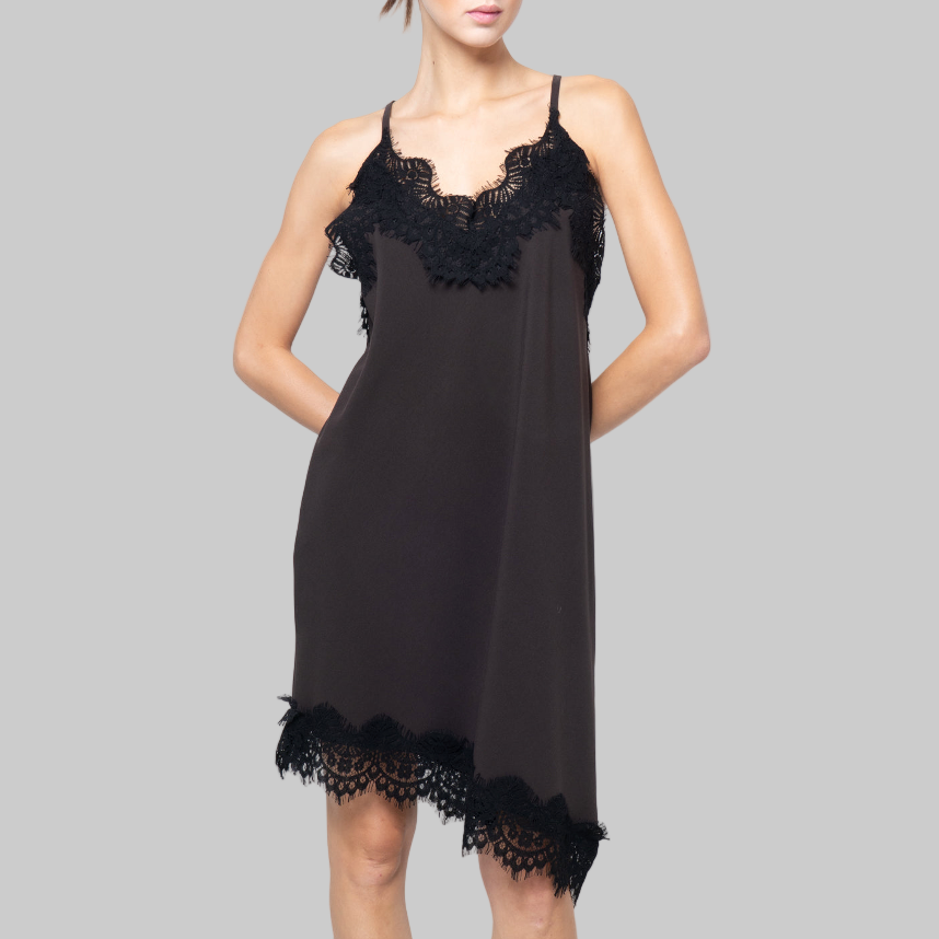Black Lace-Trim Slip Dress – V-Neck Satin Dress with Halter Back & Adjustable Straps