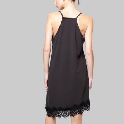 Black Lace-Trim Slip Dress – V-Neck Satin Dress with Halter Back & Adjustable Straps